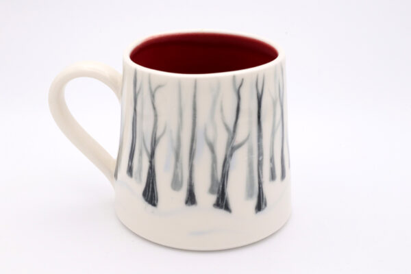 Into the Woods Mud Ireland Pottery handcrafted hand painted Christmas Mug white rim back