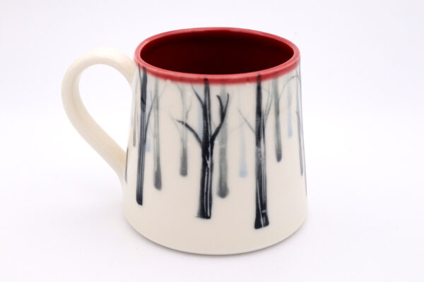 Into the Woods Mud Ireland Pottery handcrafted hand painted Christmas Mug red rim back